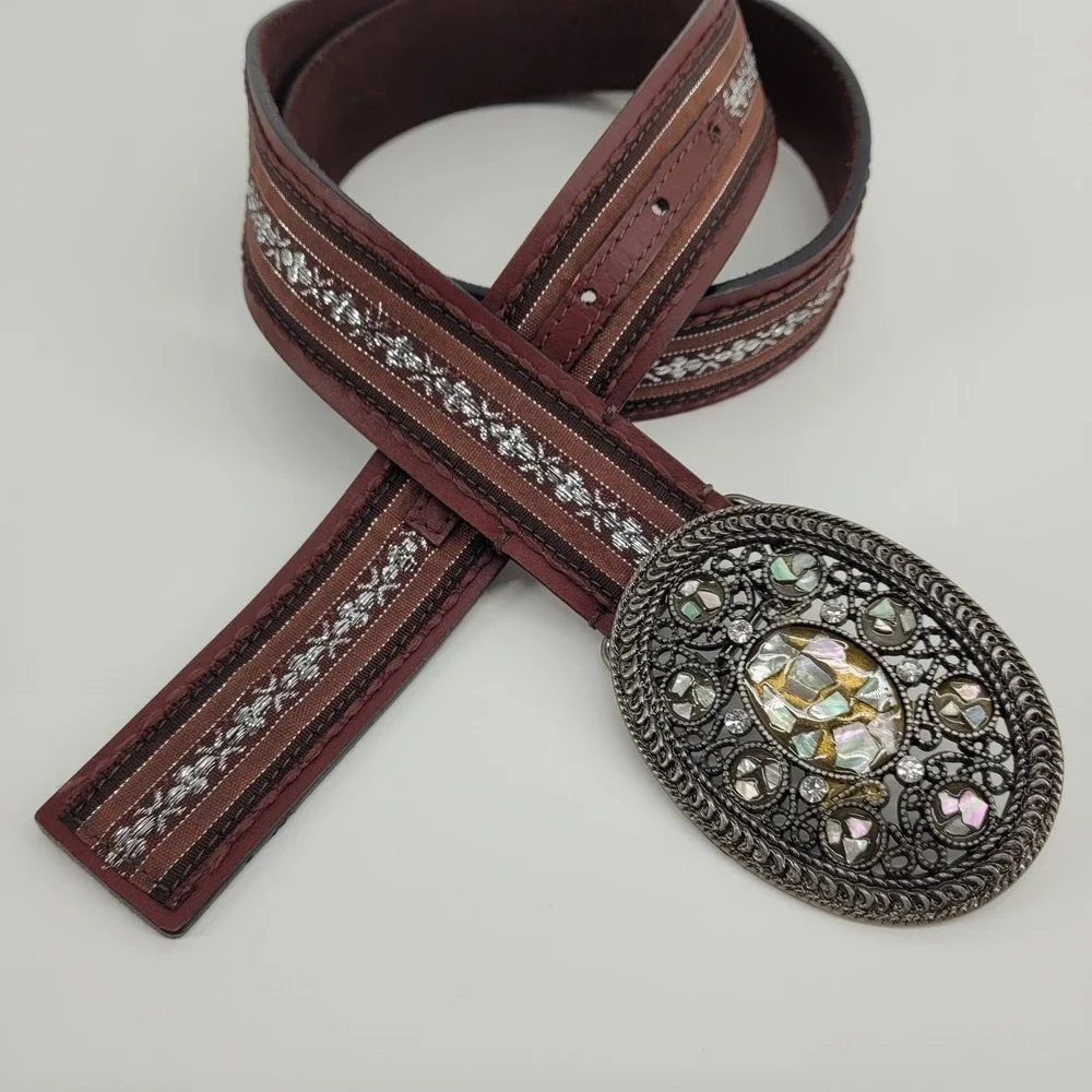 Womens Brown Leather Western Belt XL Silver Embroidered Mosaic Boho Eclectic